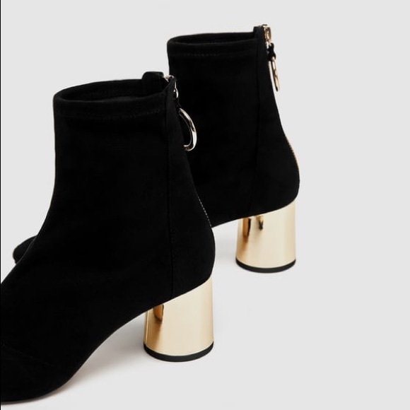 SOLD!! Zara Black Ankle Boots Gold Metallic Heel - Picture 5 of 8